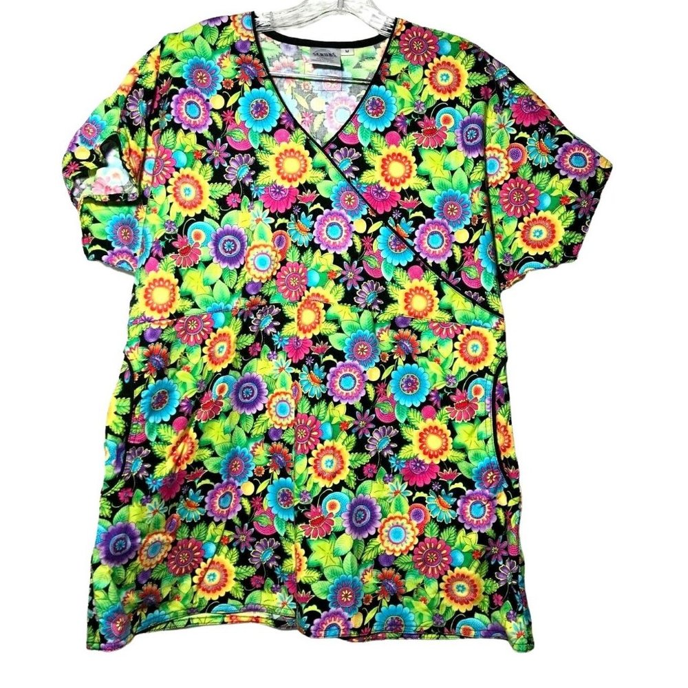 SCRUBS Brand Multicolor Flowers Womens Scrub Top Size Medium Black Trim and Tie